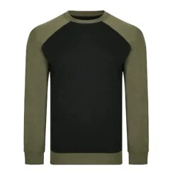 Bigdude Raglan Contrast Crew Neck Sweatshirt Black/Khaki Tall